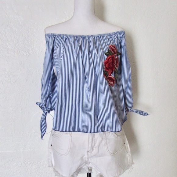 Tops - Off Shoulder Embroidered Striped Top.